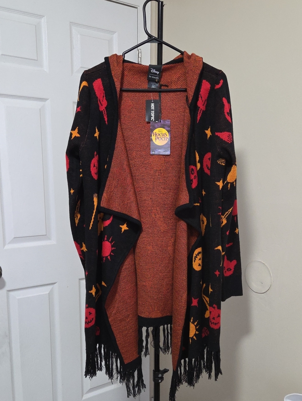 Nwt Hot Topic Black Orange & Red Halloween Hooded Fringe Cardigan
